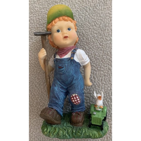 DWK Corp Resin Figurine Farm Boy In Overalls W/Duck On Tractor 2001 8” Tall - Picture 1 of 12
